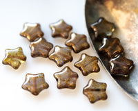 12mm Star Beads Lumi Brown & Moss Green Smooth Pressed Glass Pentagram Beads 00EVE433