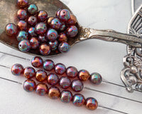 8mm Czech Glass Round Druk Beads Burnt Umber with Copper and Mother of Pearl Coating 0EVE1891